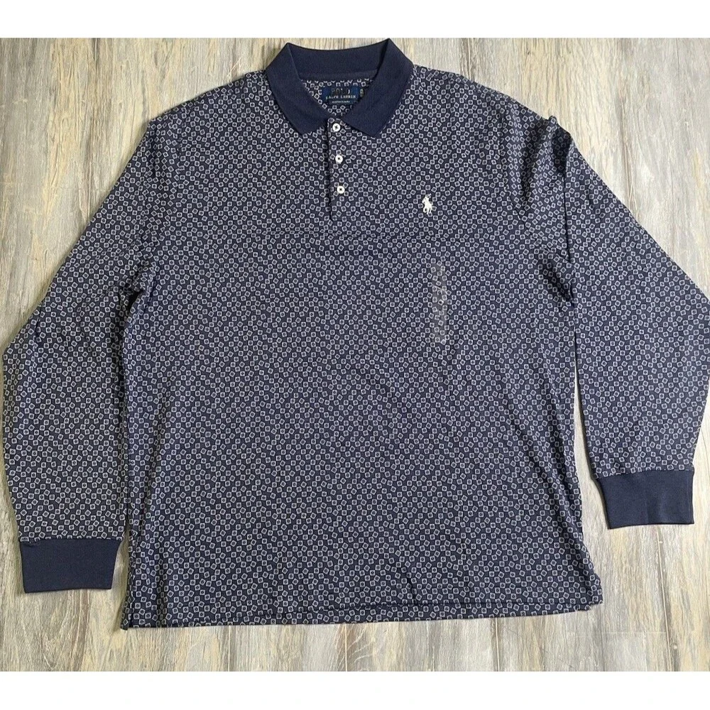 Polo Ralph Lauren Polo Shirt Mens XL Blue Long Sleeve Dice Print Custom Slim Fit